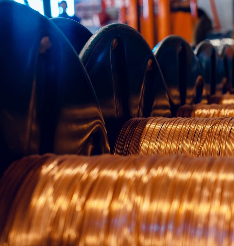 Close up of copper-clad steel cables in preparation for shipment at the factory